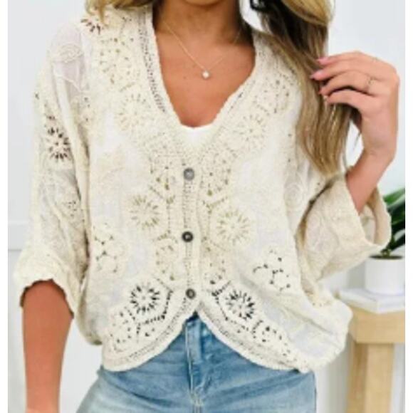 Pol Ivory Embroidered & Crocheted 'Delicate Embrace' Cardigan One Size - Picture 1 of 5